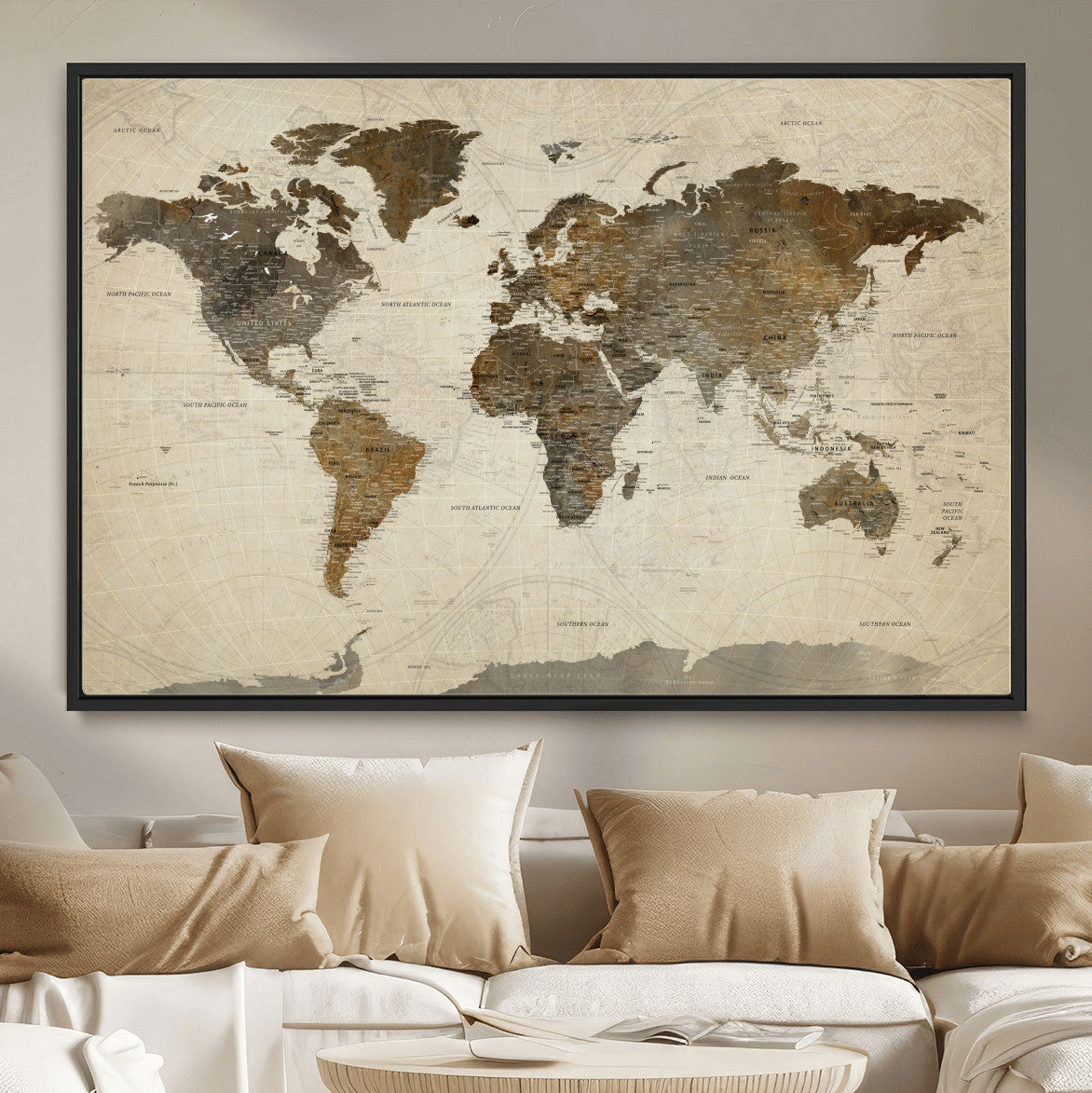 91849163-MGV-FC-36X24 - World Map Wall Art Canvas Print, Modern Decorative Framed Map Artwork Prints for Living Room, Office, Bedroom Wall Decor