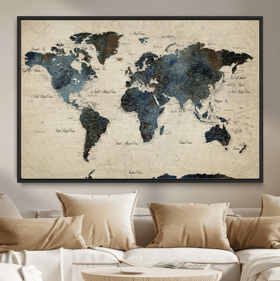 33438443-MGV-FC-36X24 - World Map Wall Art Canvas Print, Modern Decorative Framed Map Artwork Prints for Living Room, Office, Bedroom Wall Decor