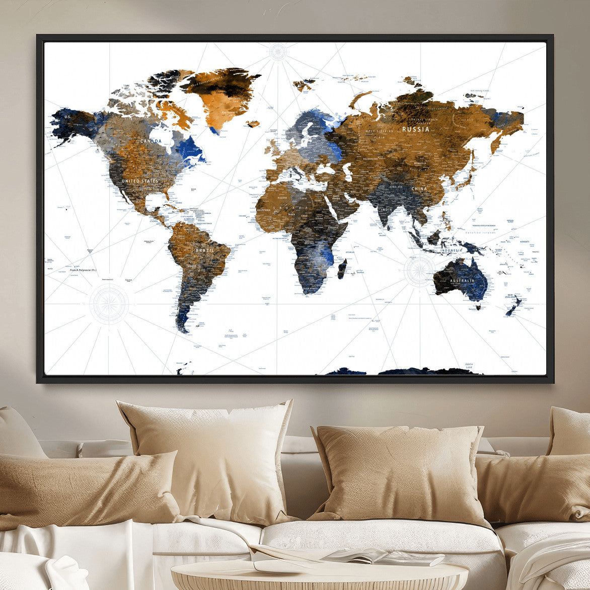 40862517-MGV-FC-36X24 - World Map Wall Art Canvas Print, Modern Decorative Framed Map Artwork Prints for Living Room, Office, Bedroom Wall Decor