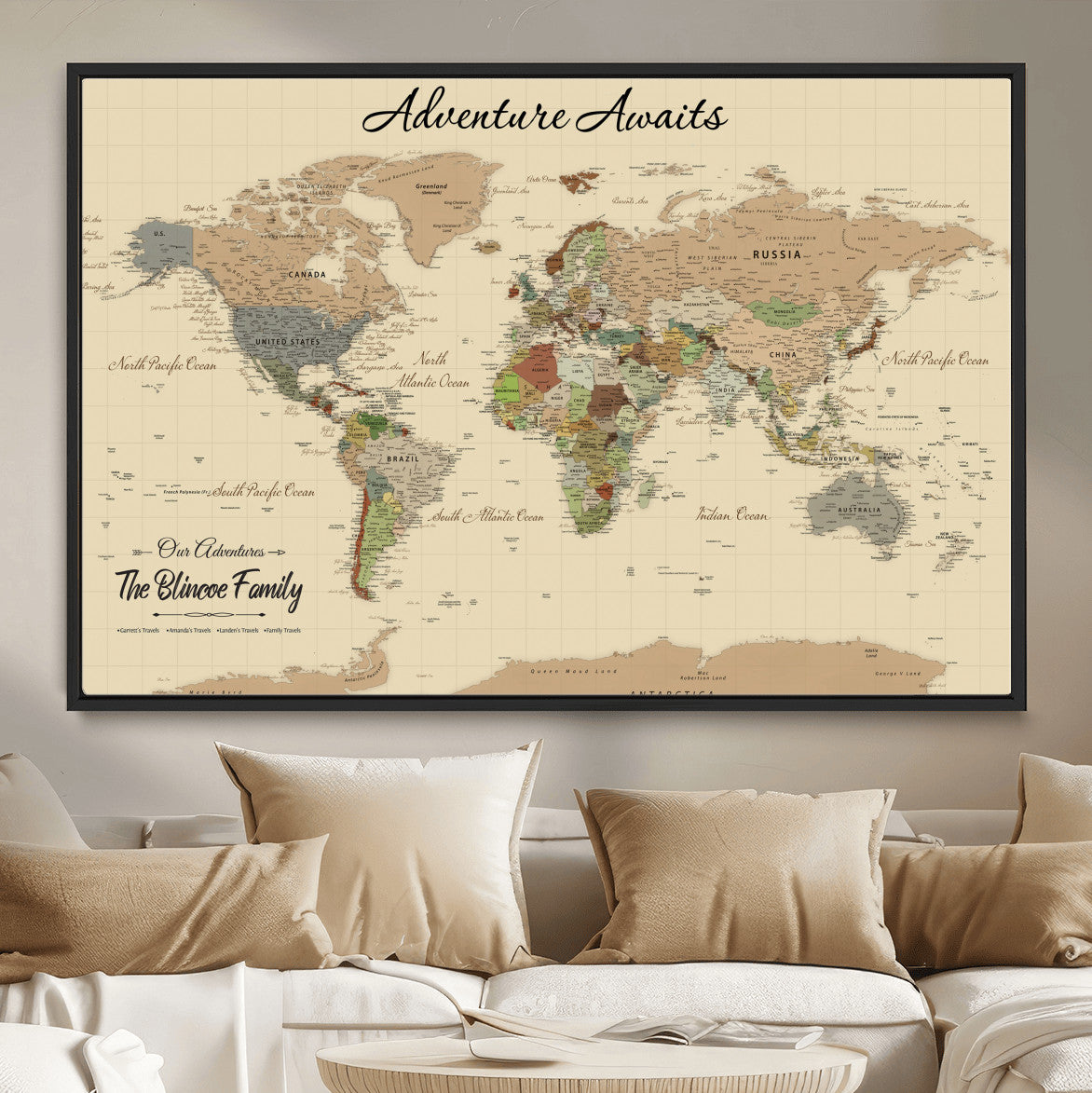 63407426-MGV-FC-36X24 - Customized Push Pin World Map Wall Art Canvas Print with Pins, Framed Personalize Travel Tracker Map, World Map for Living Room and Office Decor