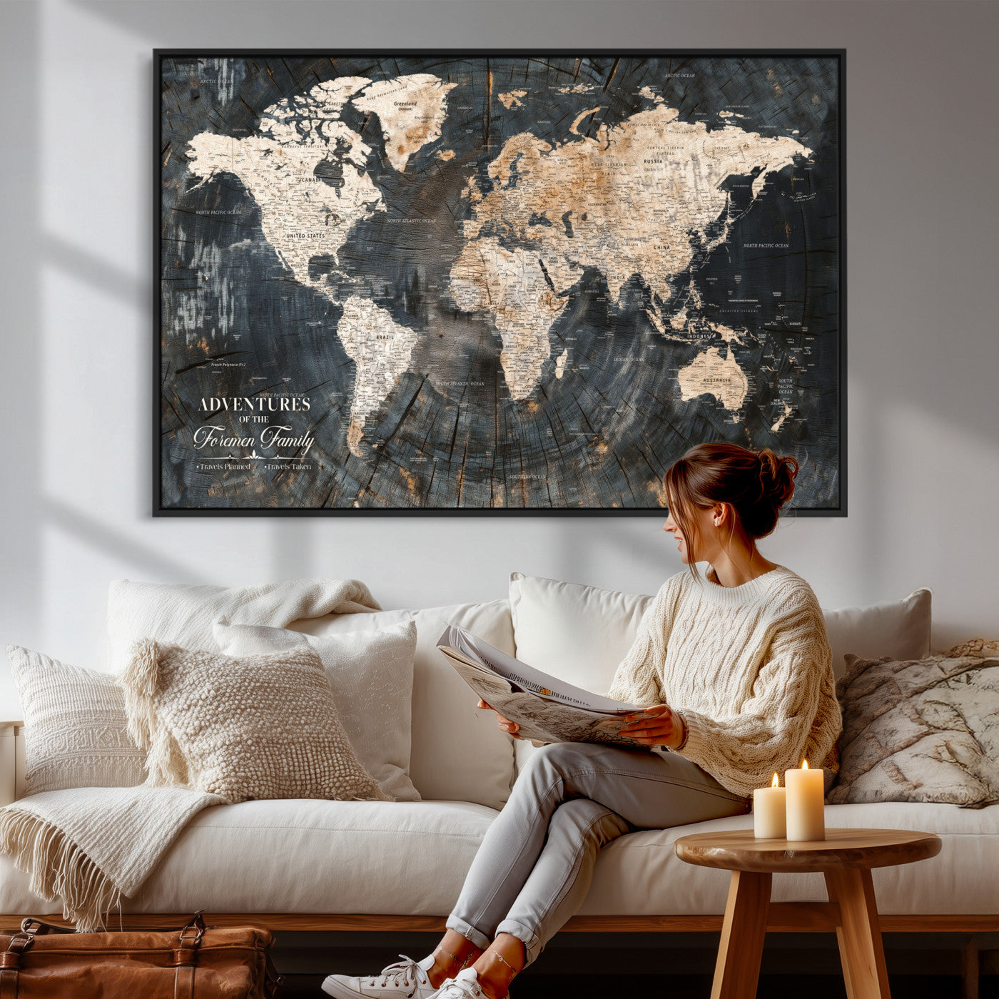 74461965-MGV-FC-36X24 - Customized Push Pin World Map Wall Art Canvas Print with Pins, Framed Personalize Travel Tracker Map, World Map for Living Room and Office Decor