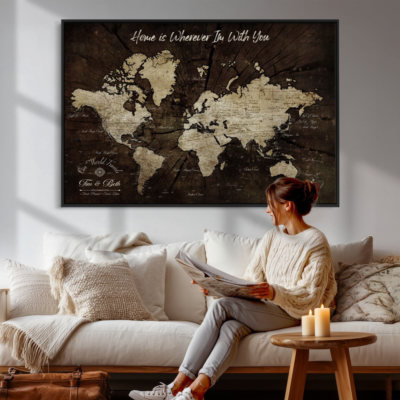 57852913-MGV-FC-36X24 - Customized Push Pin World Map Wall Art Canvas Print with Pins, Framed Personalize Travel Tracker Map, World Map for Living Room and Office Decor