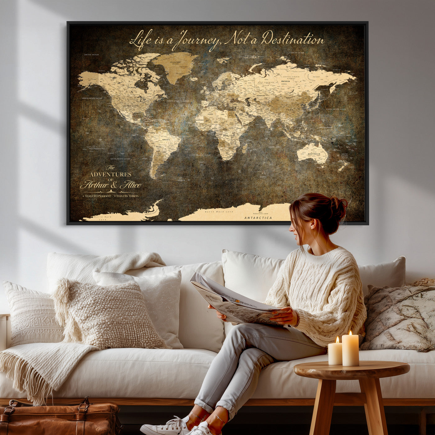 75877068-MGV-CV-36X24 - Custom Push Pin World Map Wall Art Canvas Print – Personalized Travel Tracker with Pins Framed Large for Home and Office Decor