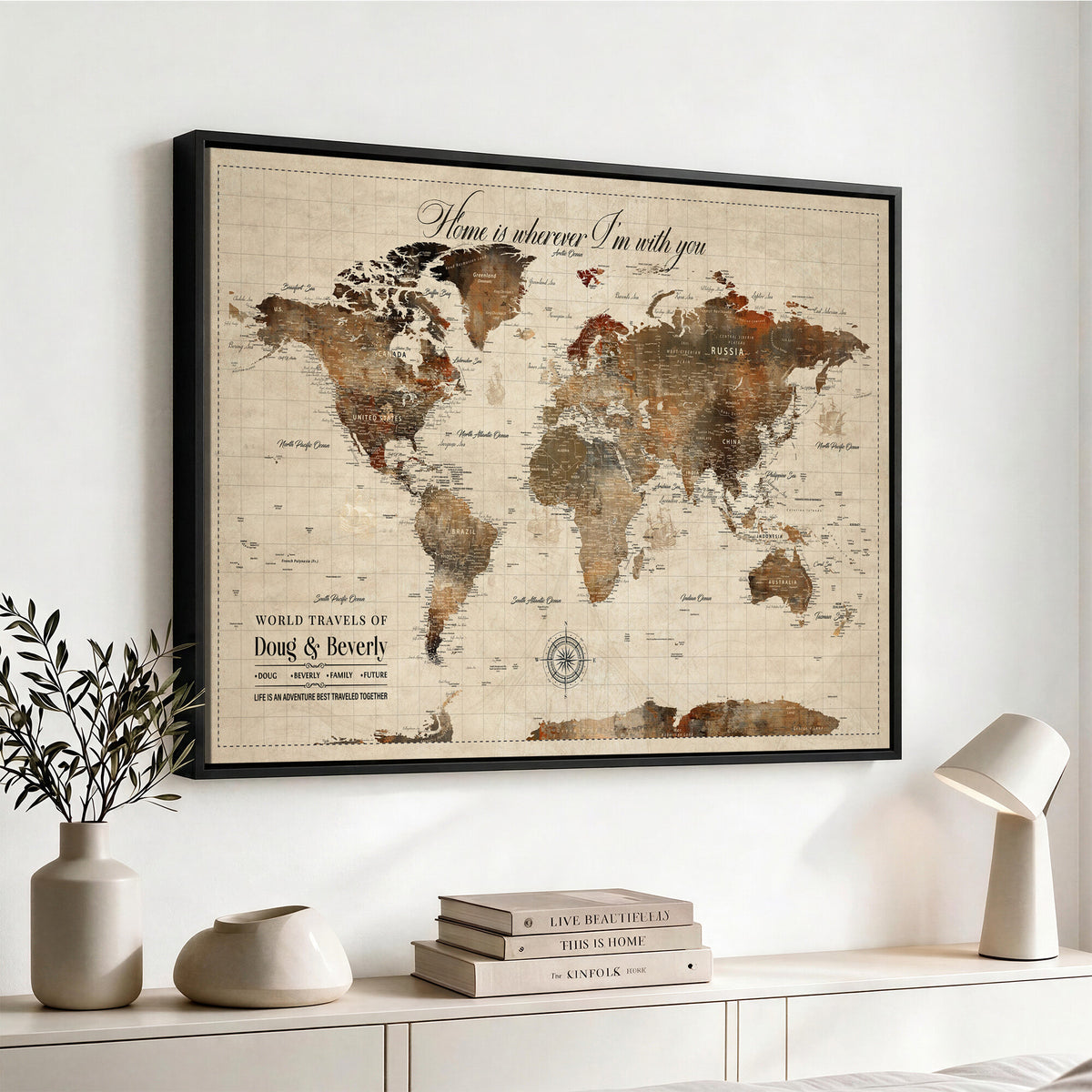 94399474-MGV-CV-36X24 - Large Custom Framed Beige Vintage World Travel Map Wall Art with Pins, Couples Countries Visited Map, Living Room and Hallway Decor