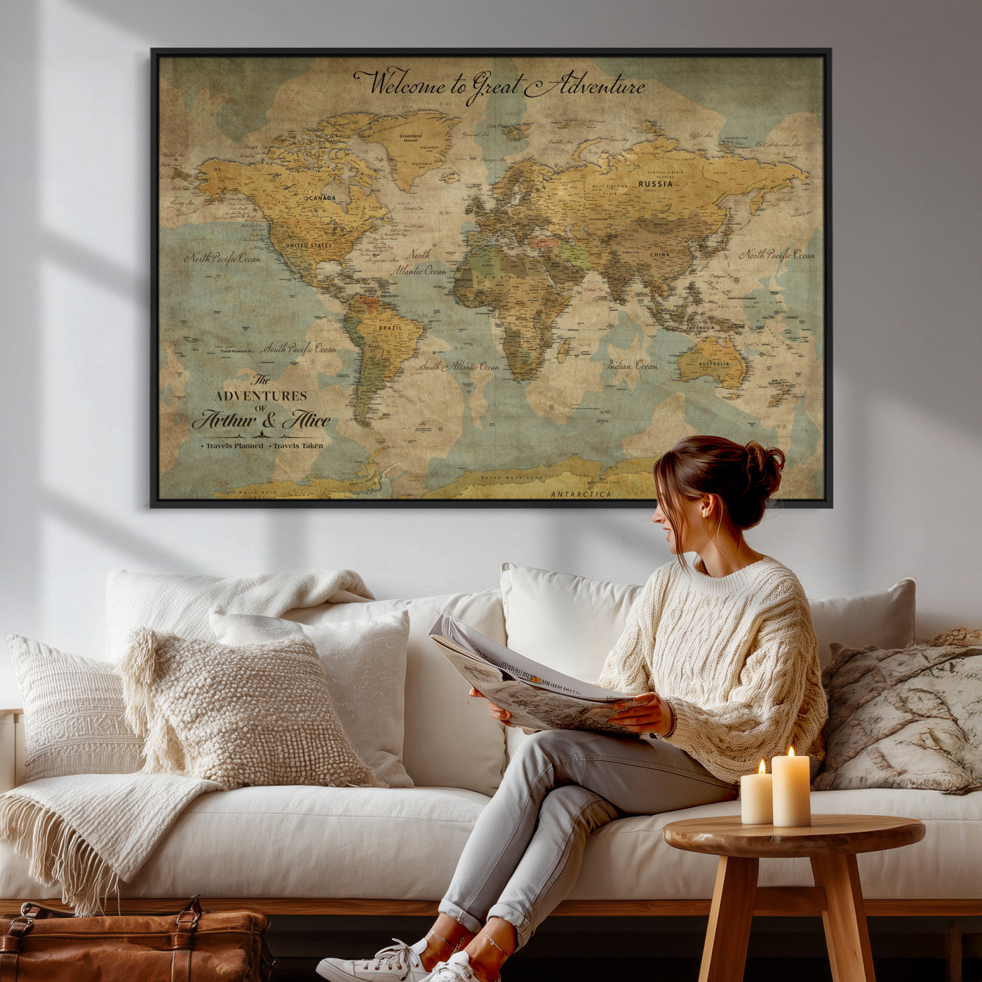37903085-MGV-CV-36X24 - Custom Push Pin World Map Wall Art Canvas Print – Personalized Travel Tracker with Pins Framed Large for Home and Office Decor