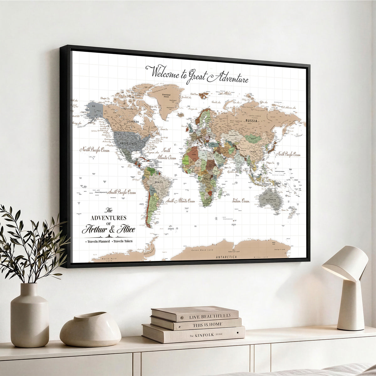 85396539-MGV-CV-36X24 - Custom Beige Push Pin World Map Wall Art, Bucket List Map, Study and Hallway Decor