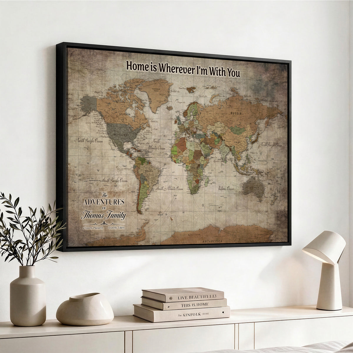 22593671-MGV-CV-36X24 - Personalized Beige Geometric World Map Canvas with Push Pins, Next Trip Planner Map, Study and Entryway Decor