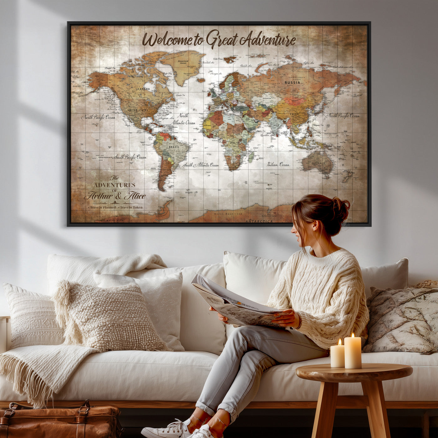 94821994-MGV-CV-36X24 - Custom Push Pin World Map Wall Art Canvas Print – Personalized Travel Tracker with Pins Framed Large for Home and Office Decor