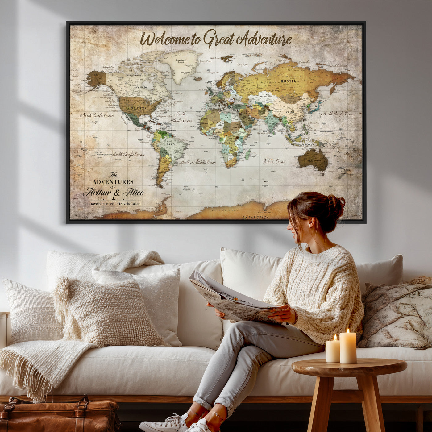 33043195-MGV-CV-36X24 - Custom Push Pin World Map Wall Art Canvas Print – Personalized Travel Tracker with Pins Framed Large for Home and Office Decor