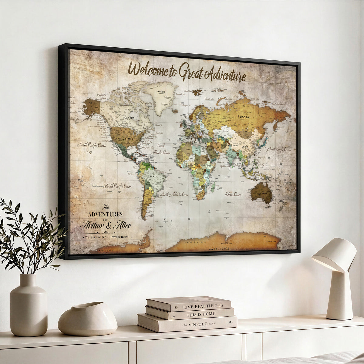 33043195-MGV-CV-36X24 - Personalized Beige World Travel Map Wall Art with Pins, Family Travel Tracker, Family Room and Study Decor