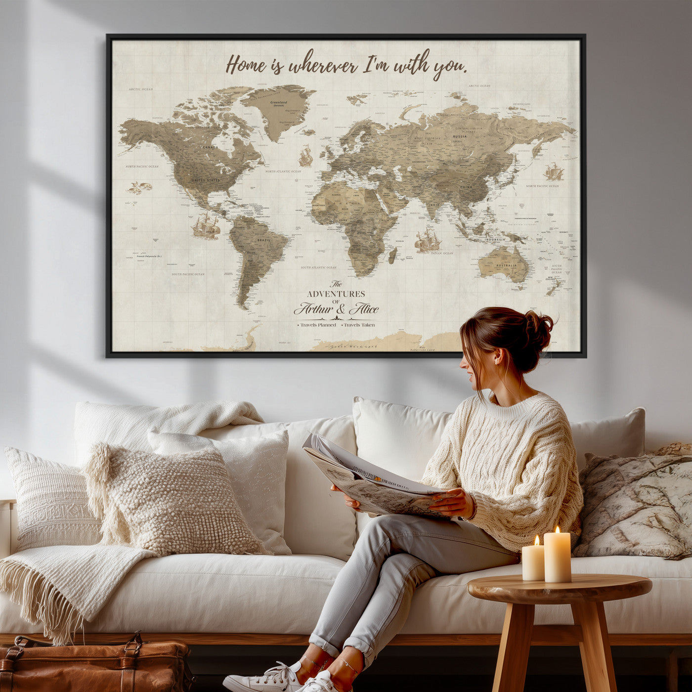 61351027-MGV-CV-36X24 - Custom Push Pin World Map Wall Art Canvas Print – Personalized Travel Tracker with Pins Framed Large for Home and Office Decor