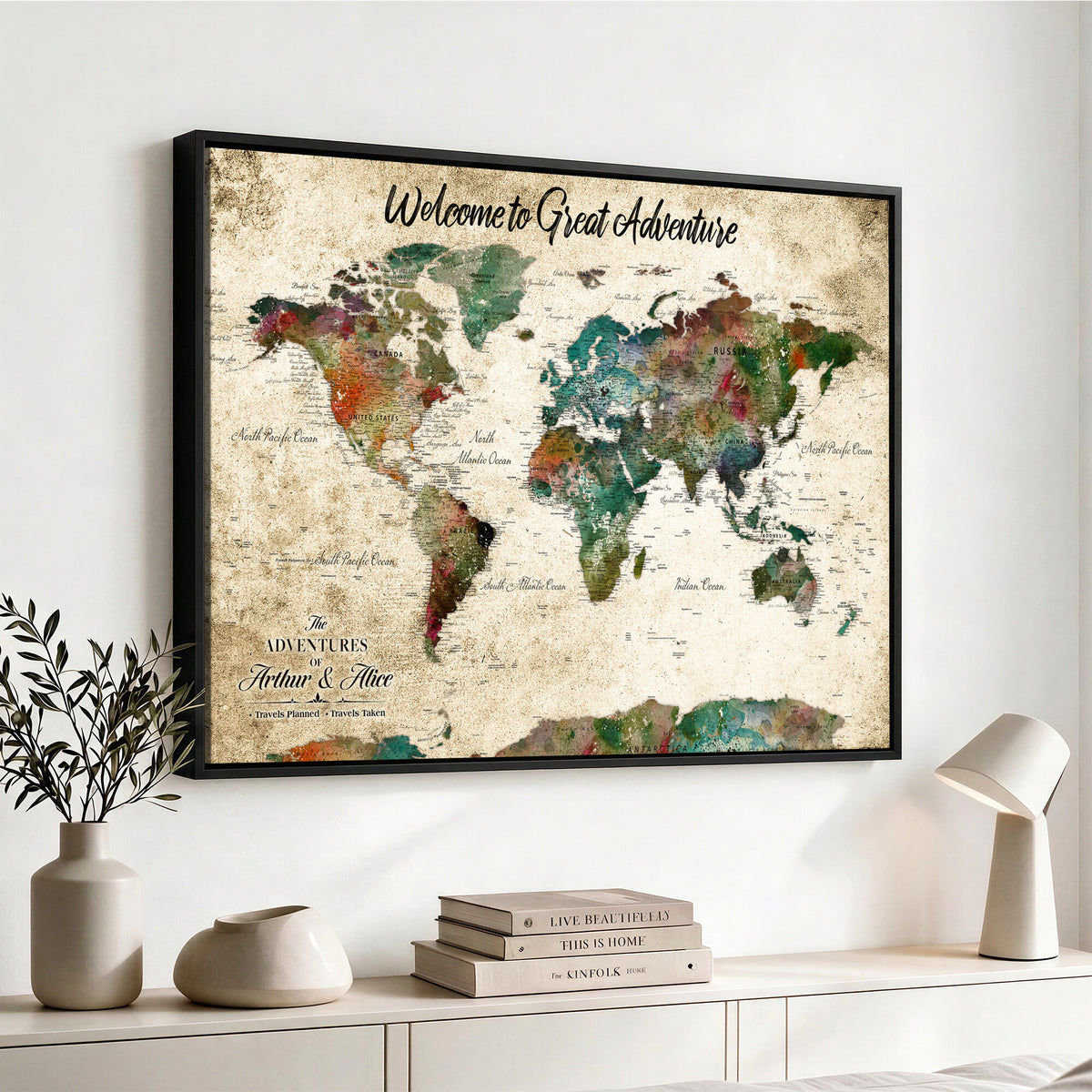 89225601-MGV-CV-36X24 - Personalized Beige Grunge World Map Canvas with Push Pins, Next Trip Planner Map, Family Room and Home Office Decor