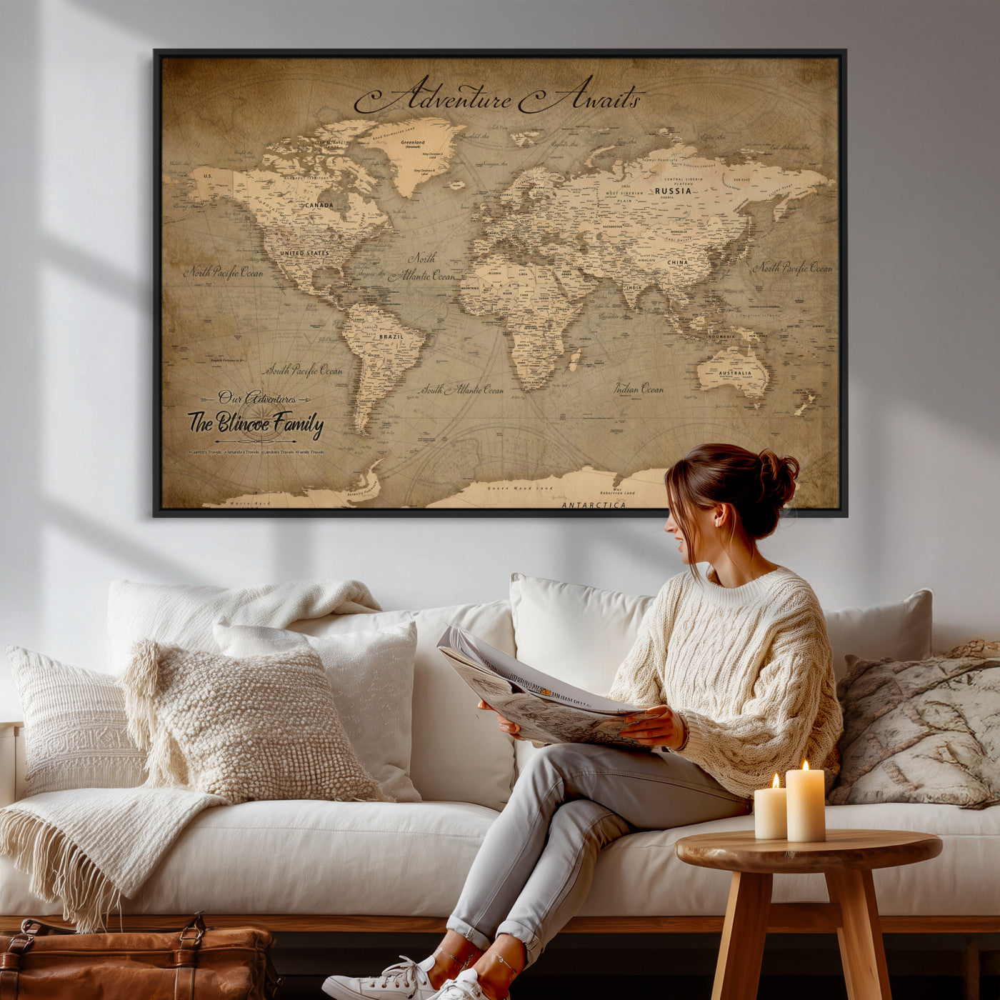 59418012-MGV-CV-36X24 - Custom Push Pin World Map Wall Art Canvas Print – Personalized Travel Tracker with Pins Framed Large for Home and Office Decor