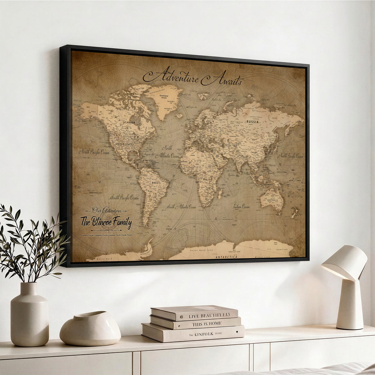 59418012-MGV-CV-36X24 - Personalized Framed Beige World Travel Map Wall Art with Pins, Family Travel Tracker, Family Room and Entryway Decor