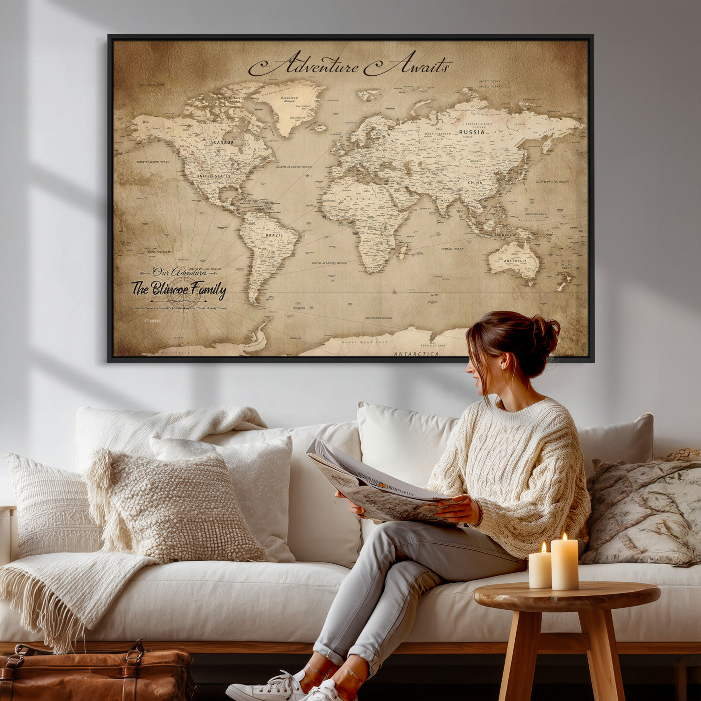 59757370-MGV-CV-36X24 - Custom Push Pin World Map Wall Art Canvas Print – Personalized Travel Tracker with Pins Framed Large for Home and Office Decor