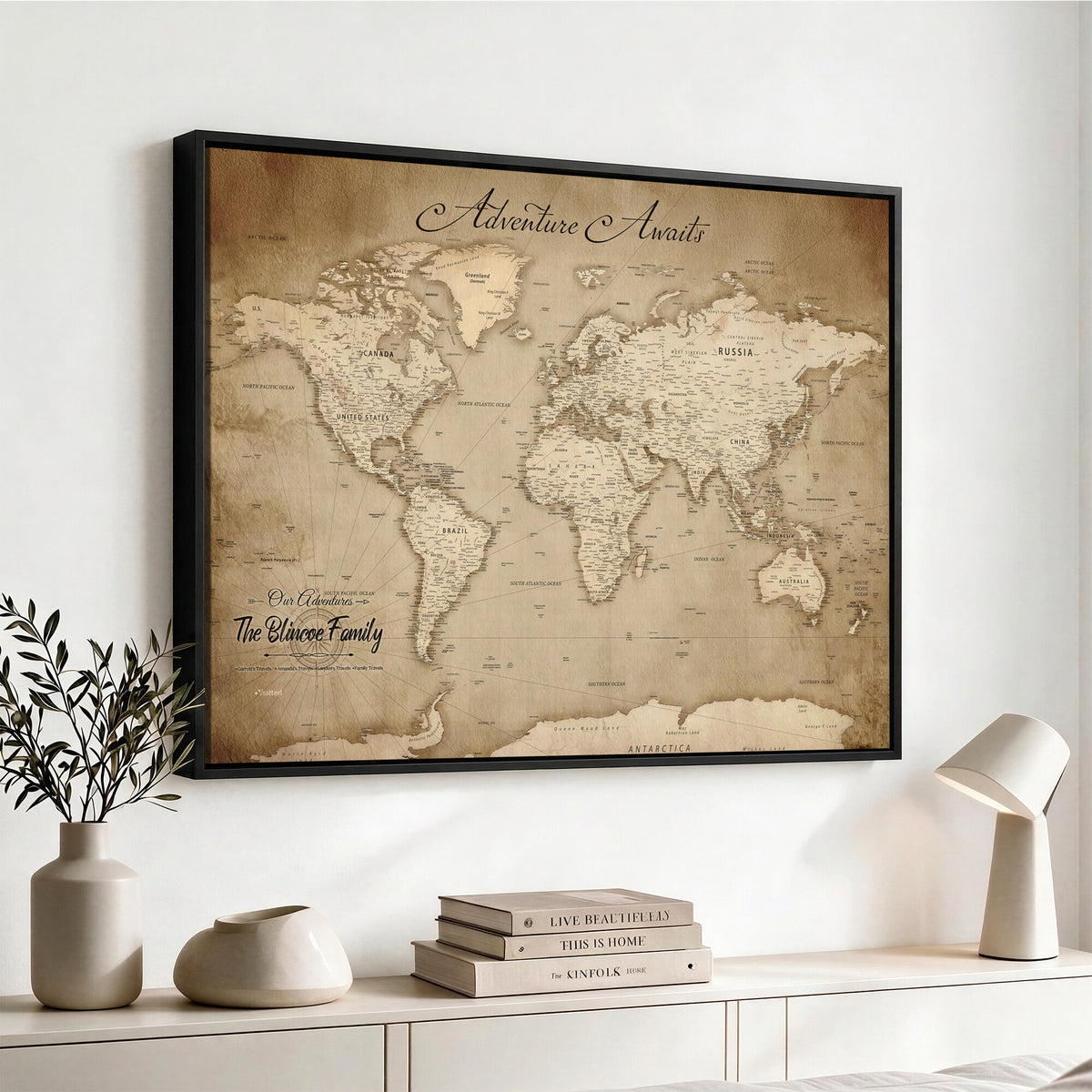 59757370-MGV-CV-36X24 - Personalized Black Modern Push Pin World Map Wall Art, Places Visited Tracker, Family Room and Bedroom Decor