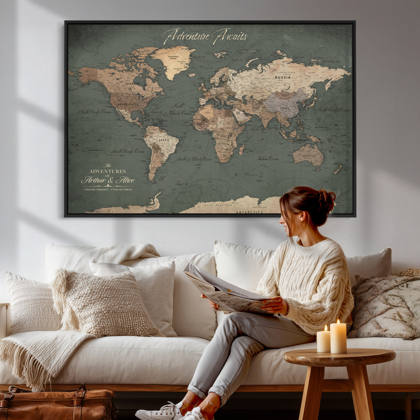 24734446-MGV-CV-36X24 - Custom Push Pin World Map Wall Art Canvas Print – Personalized Travel Tracker with Pins Framed Large for Home and Office Decor