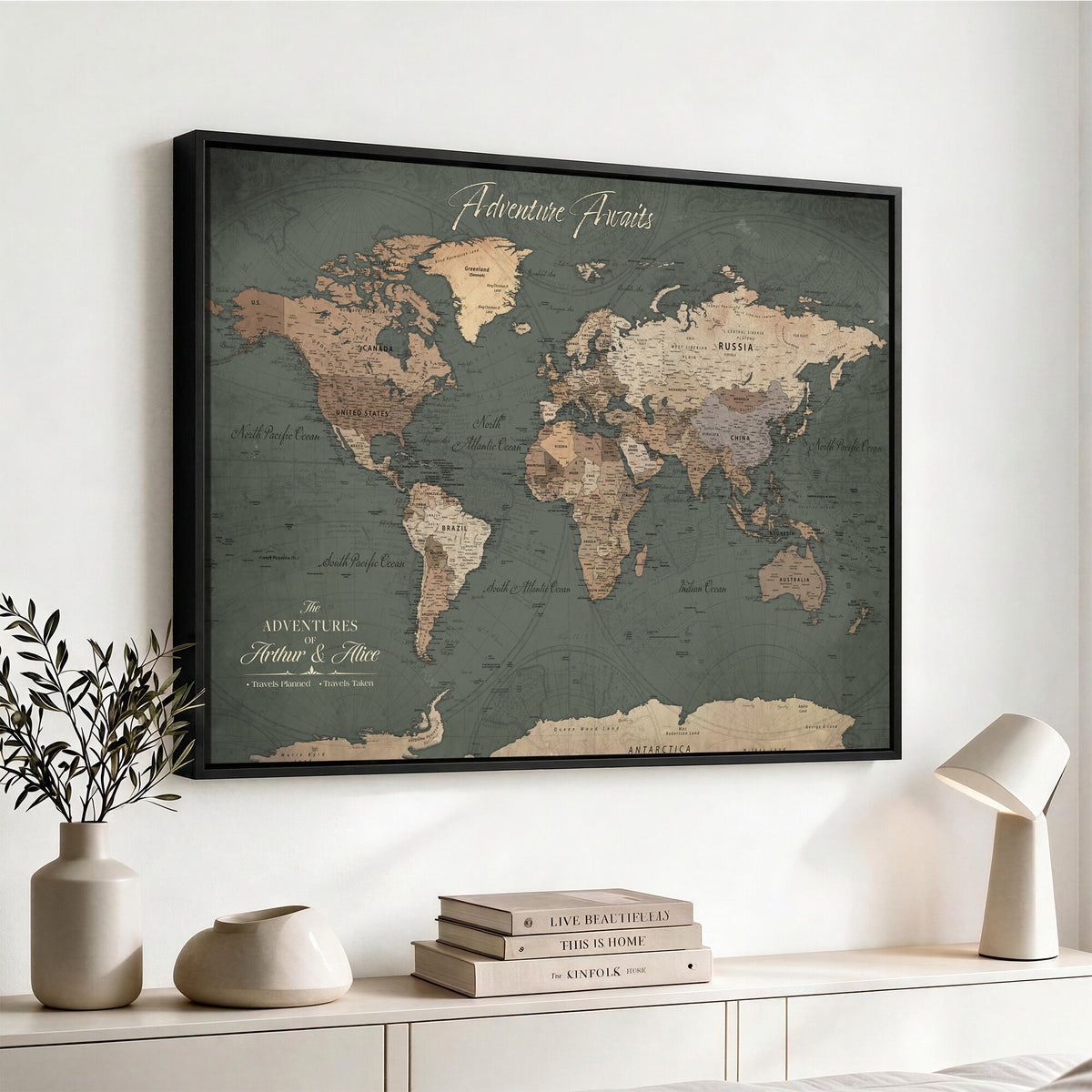 24734446-MGV-CV-36X24 - Personalized Framed Beige Modern World Map Canvas with Push Pins, Bucket List Map, Family Room and Dining Room Decor