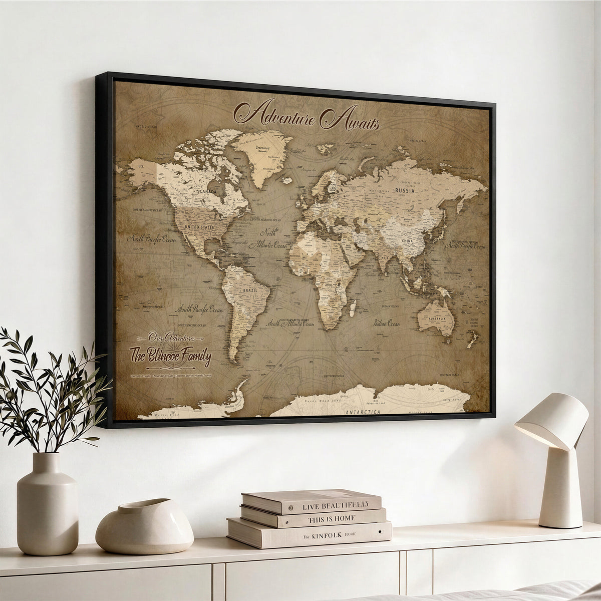 96775856-MGV-CV-36X24 - Custom Beige Modern Push Pin World Map Canvas Print, Family Travel Tracker, Dining Room and Home Office Decor