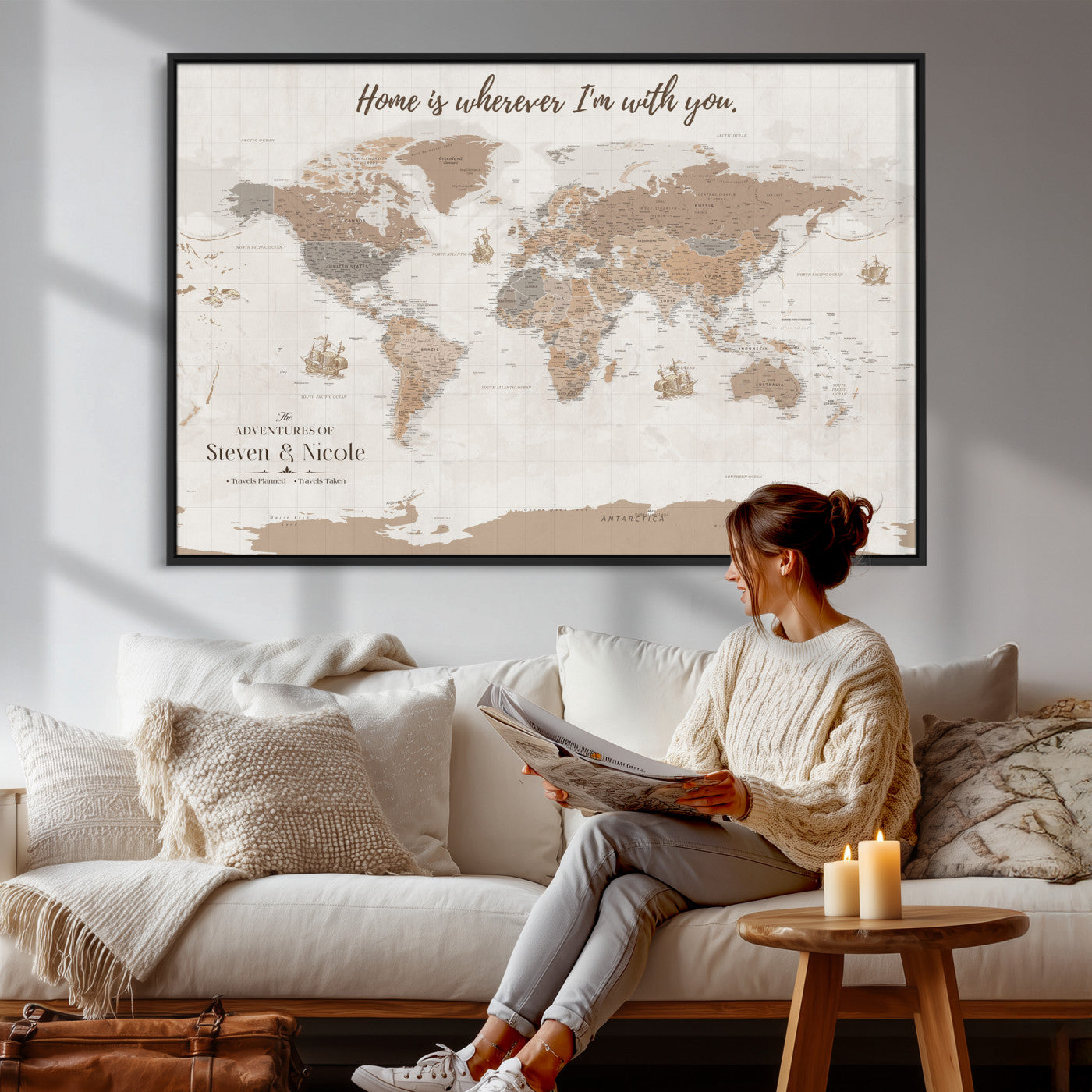 25831578-MGV-CV-36X24 - Custom Push Pin World Map Wall Art Canvas Print – Personalized Travel Tracker with Pins Framed Large for Home and Office Decor