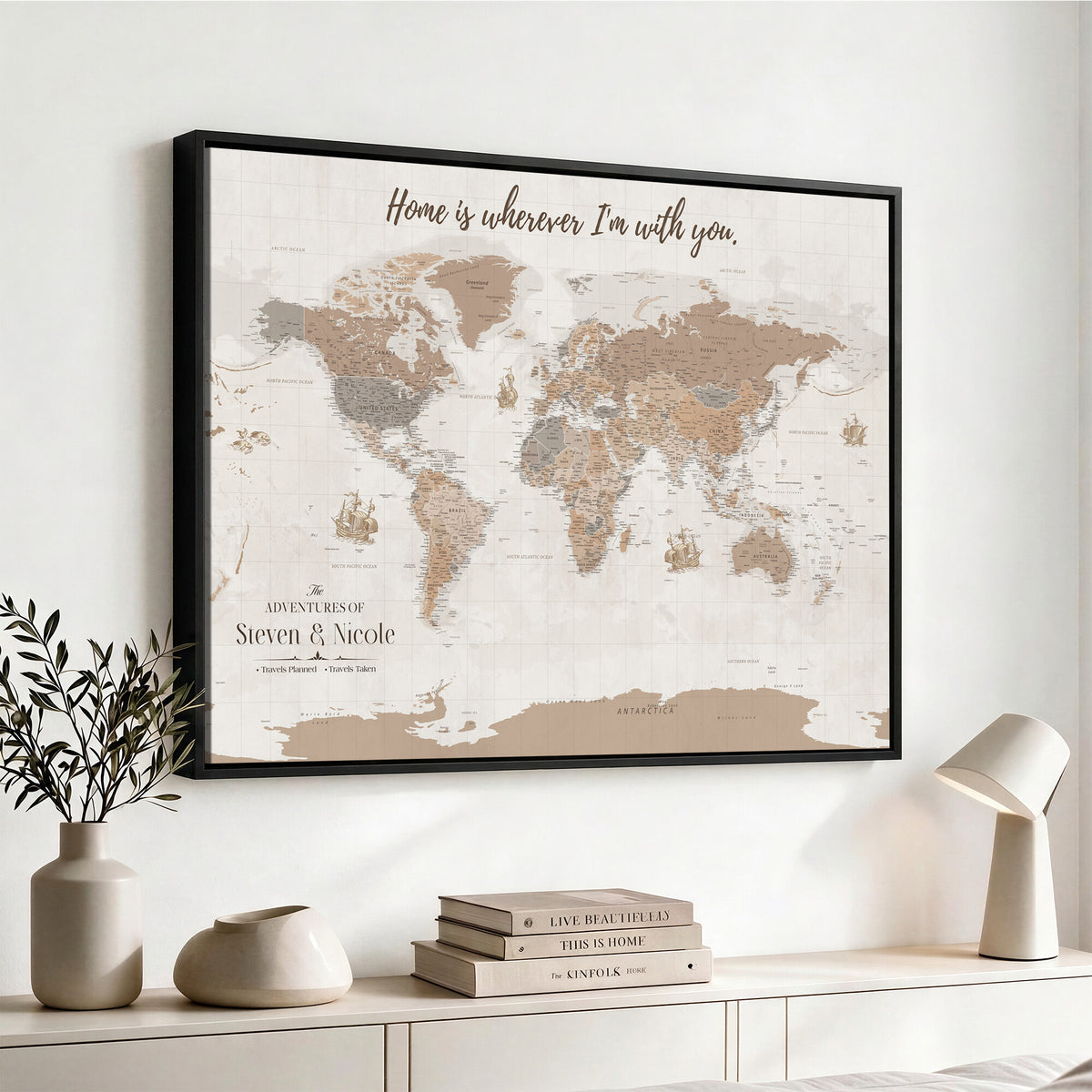 25831578-MGV-CV-36X24 - Custom Push Pin World Map Wall Art Canvas Print | Personalized Travel Tracker with Pins Framed Large for Home and Office Decor