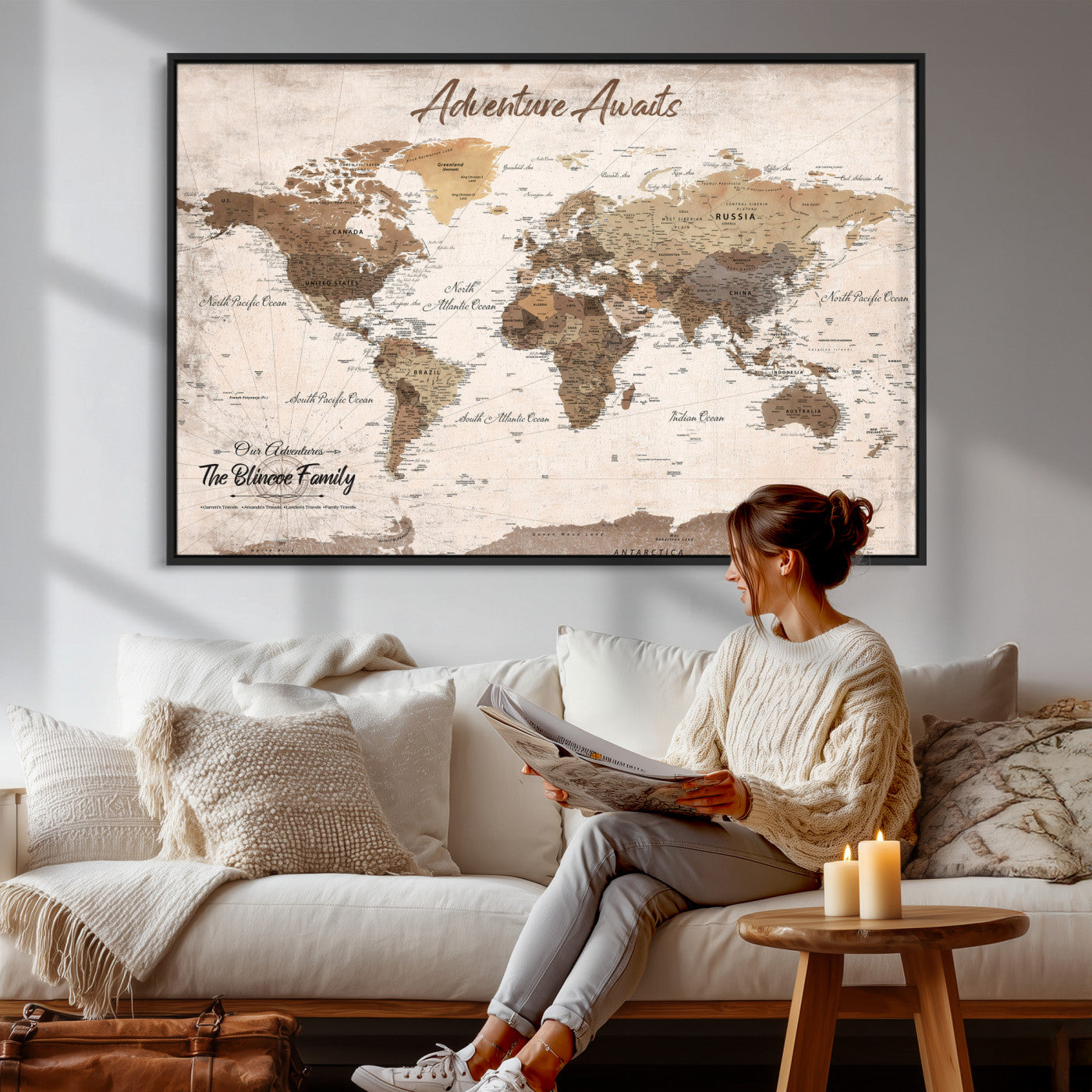 70887266-MGV-CV-36X24 - Custom Push Pin World Map Wall Art Canvas Print – Personalized Travel Tracker with Pins Framed Large for Home and Office Decor