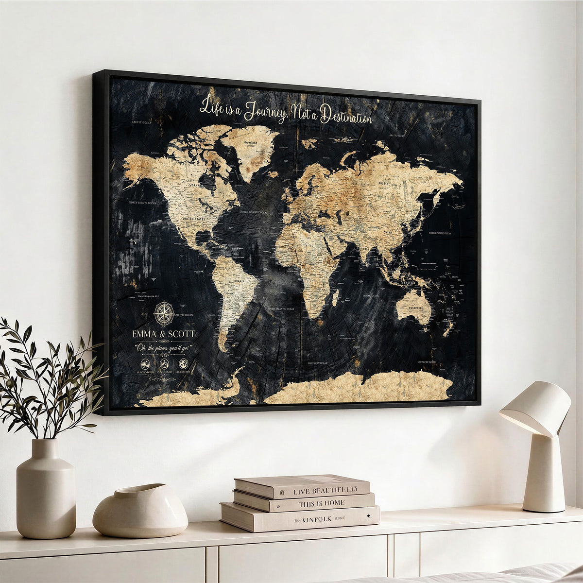 77472096-MGV-CV-36X24 - Custom Black Modern Push Pin World Map Wall Art, Next Trip Planner Map, Home Office and Entryway Decor