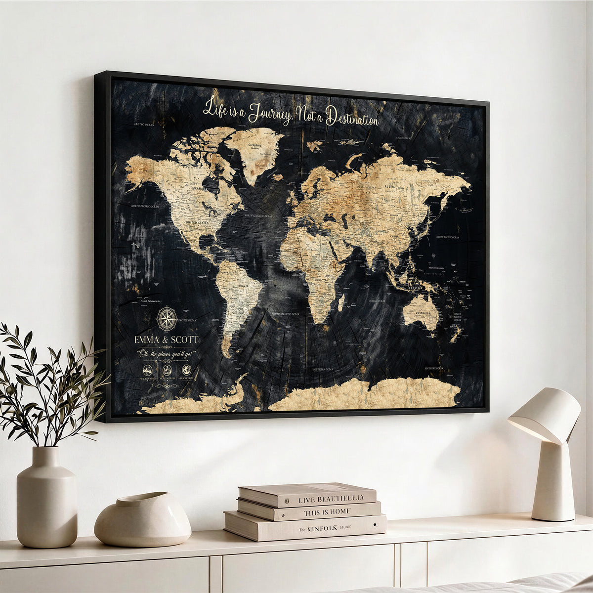 NEWMAP-13-MGV-CV-36X24 - Personalized Framed Navy Modern Push Pin World Map Canvas Print, Couples Countries Visited Map, Family Room and Study Decor