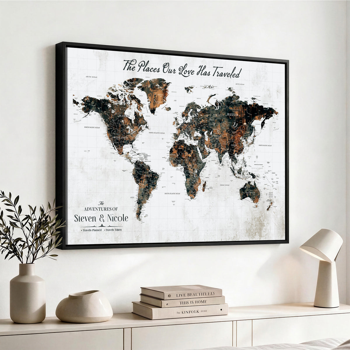 29090064-MGV-CV-36X24 - Custom Push Pin World Map Wall Art Canvas Print | Personalized Travel Tracker with Pins Framed Large for Home and Office Decor