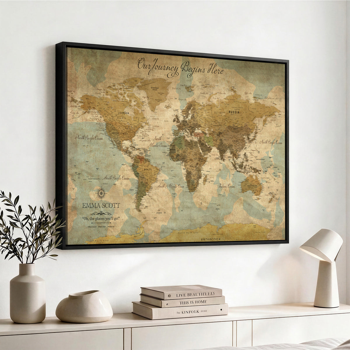 66550749-MGV-CV-36X24 - Custom Push Pin World Map Wall Art Canvas Print | Personalized Travel Tracker with Pins Framed Large for Home and Office Decor