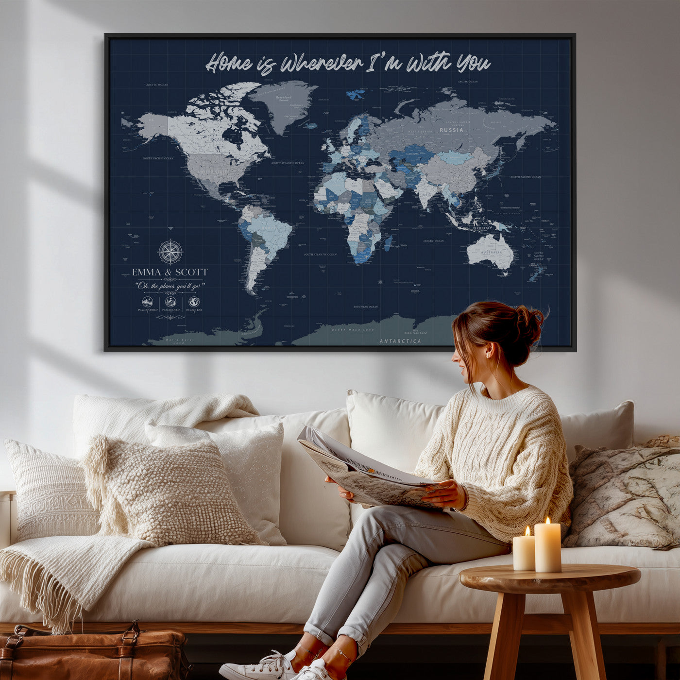 NEWMAP-18-MGV-CV-36X24 - Custom Push Pin World Map Wall Art Canvas Print – Personalized Travel Tracker with Pins Framed Large Print - NEWMAP-18