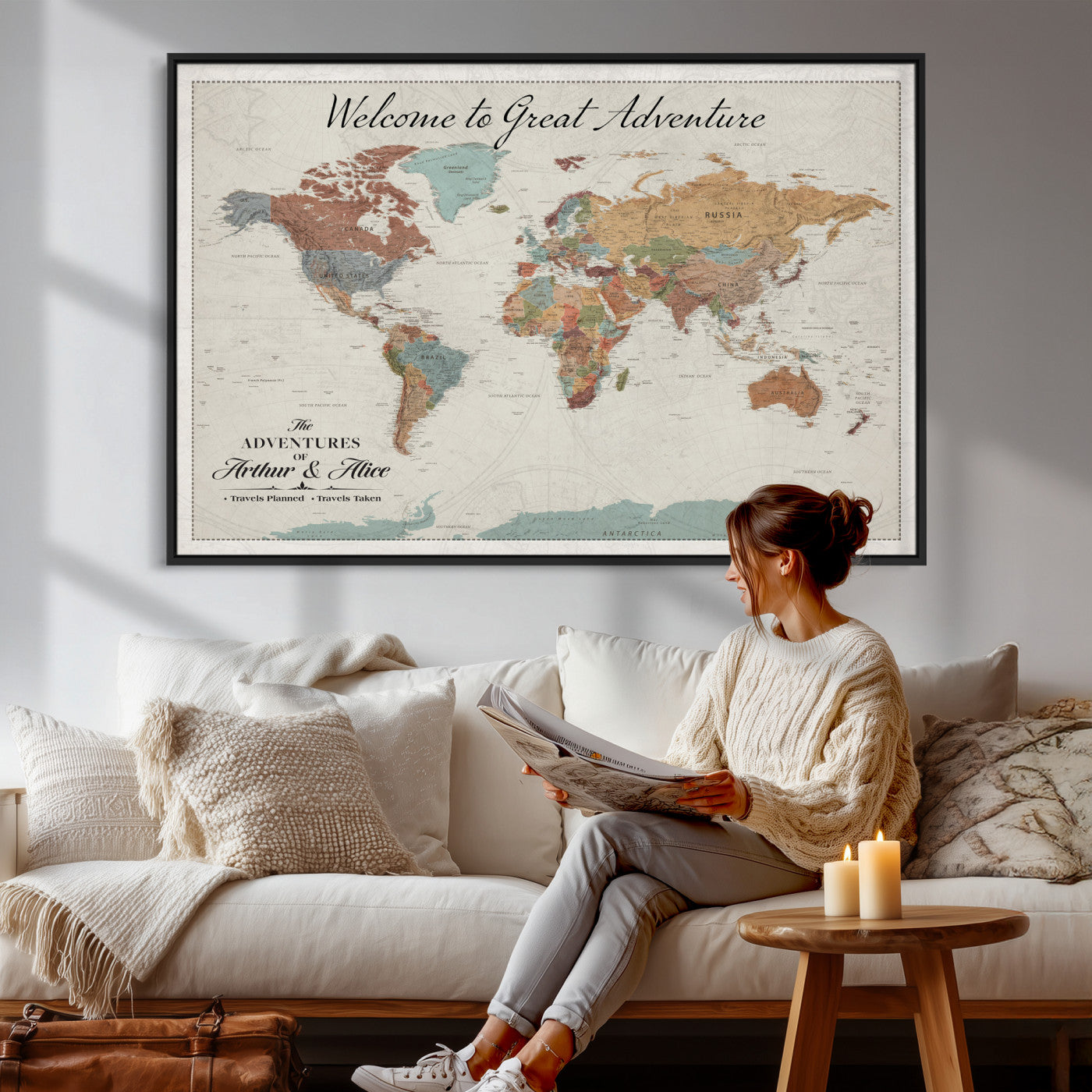 32470528-MGV-CV-36X24 - Custom Push Pin World Map Wall Art Canvas Print – Personalized Travel Tracker with Pins Framed Large for Home and Office Decor