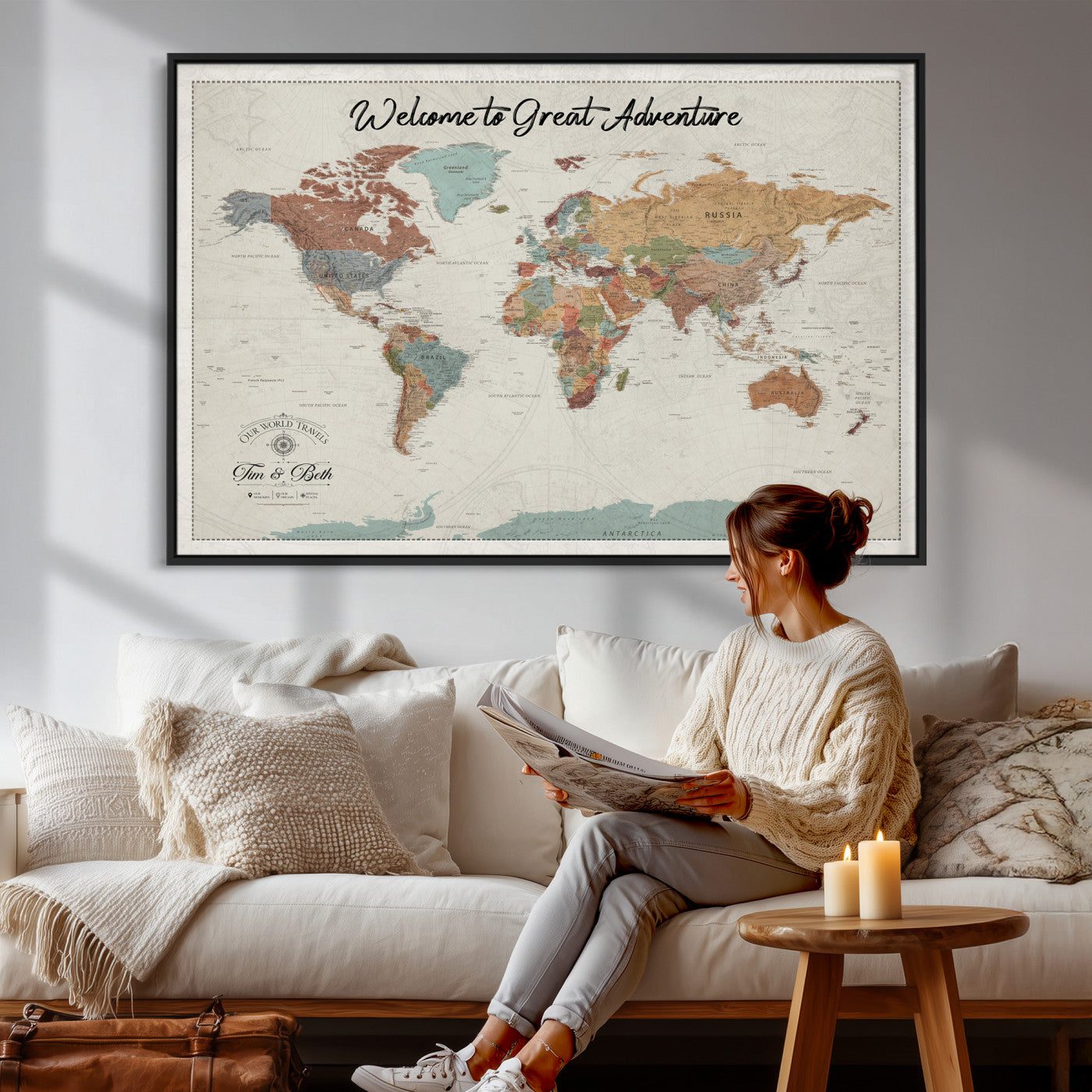32470528-MGV-CV-36X24 - Custom Push Pin World Map Wall Art Canvas Print – Personalized Travel Tracker with Pins Framed Large for Home and Office Decor