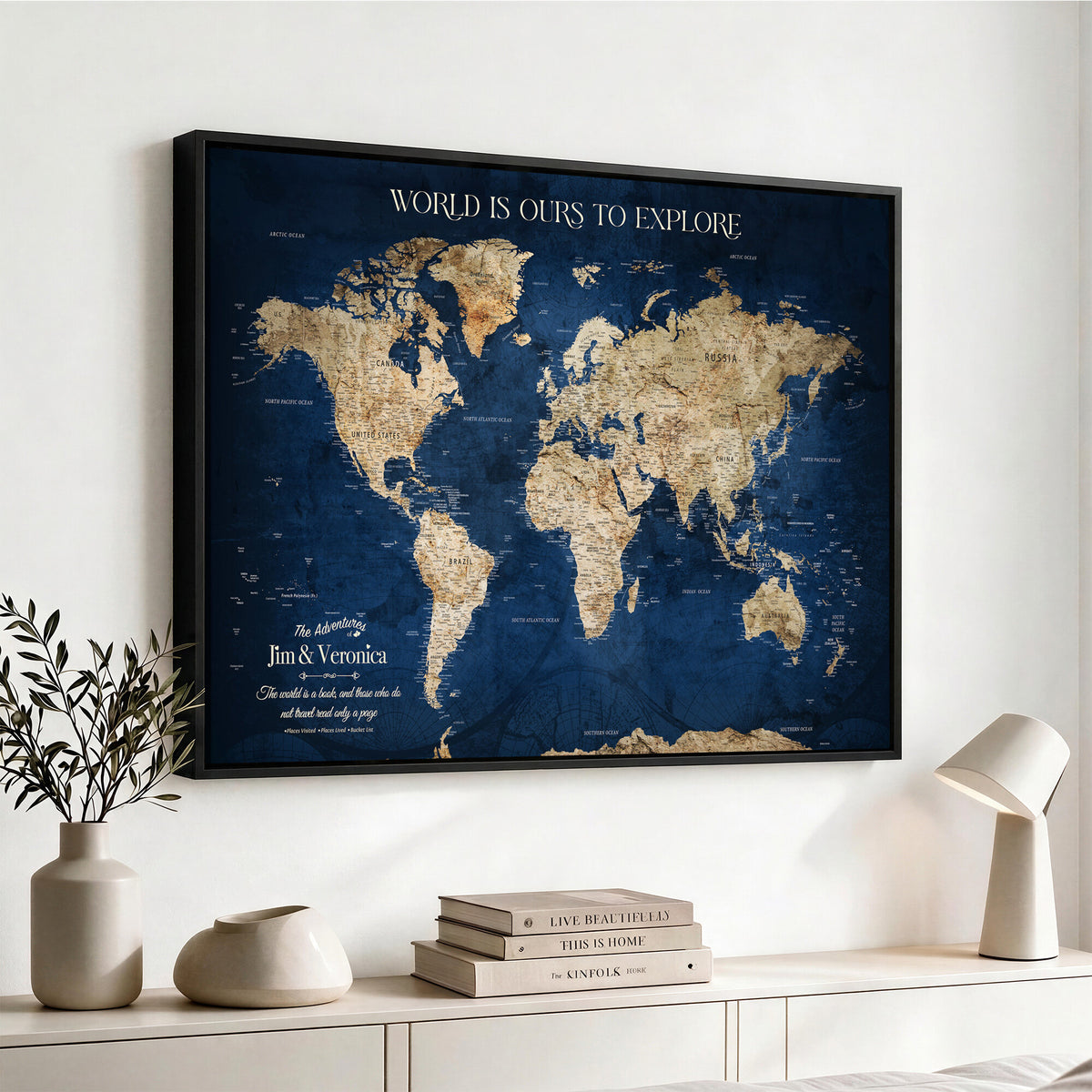 35296308-MGV-CV-36X24 - Custom Push Pin World Map Wall Art Canvas Print – Personalized Travel Tracker with Pins Framed Large for Home and Office Decor