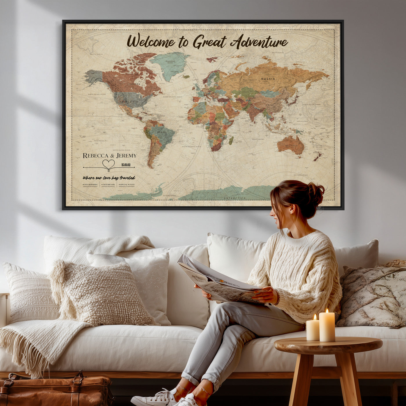 44361524-MGV-CV-36X24 - Custom Push Pin World Map Wall Art Canvas Print – Personalized Travel Tracker with Pins Framed Large for Home and Office Decor