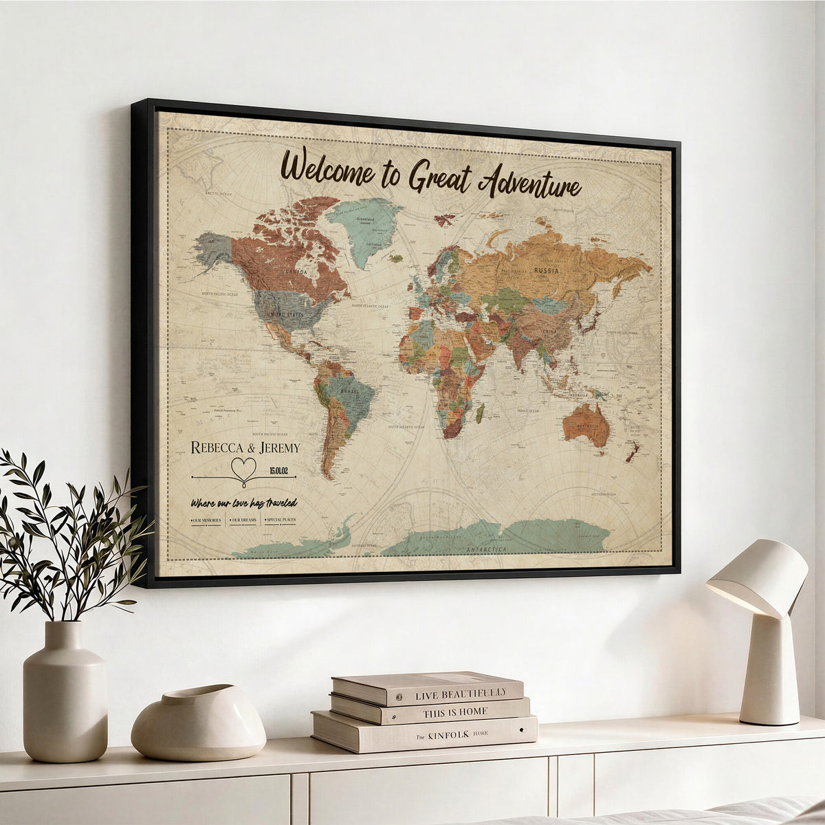 44361524-MGV-CV-36X24 - Custom Push Pin World Map Wall Art Canvas Print | Personalized Travel Tracker with Pins Framed Large for Home and Office Decor