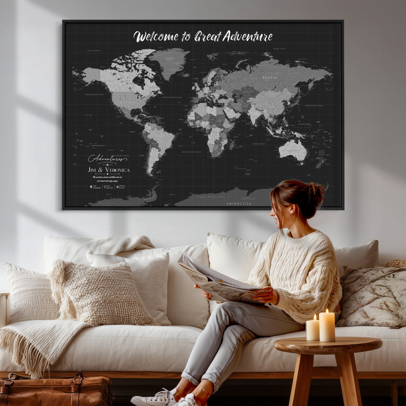 57127599-MGV-CV-36X24 - Custom Push Pin World Map Wall Art Canvas Print – Personalized Travel Tracker with Pins Framed Large for Home and Office Decor