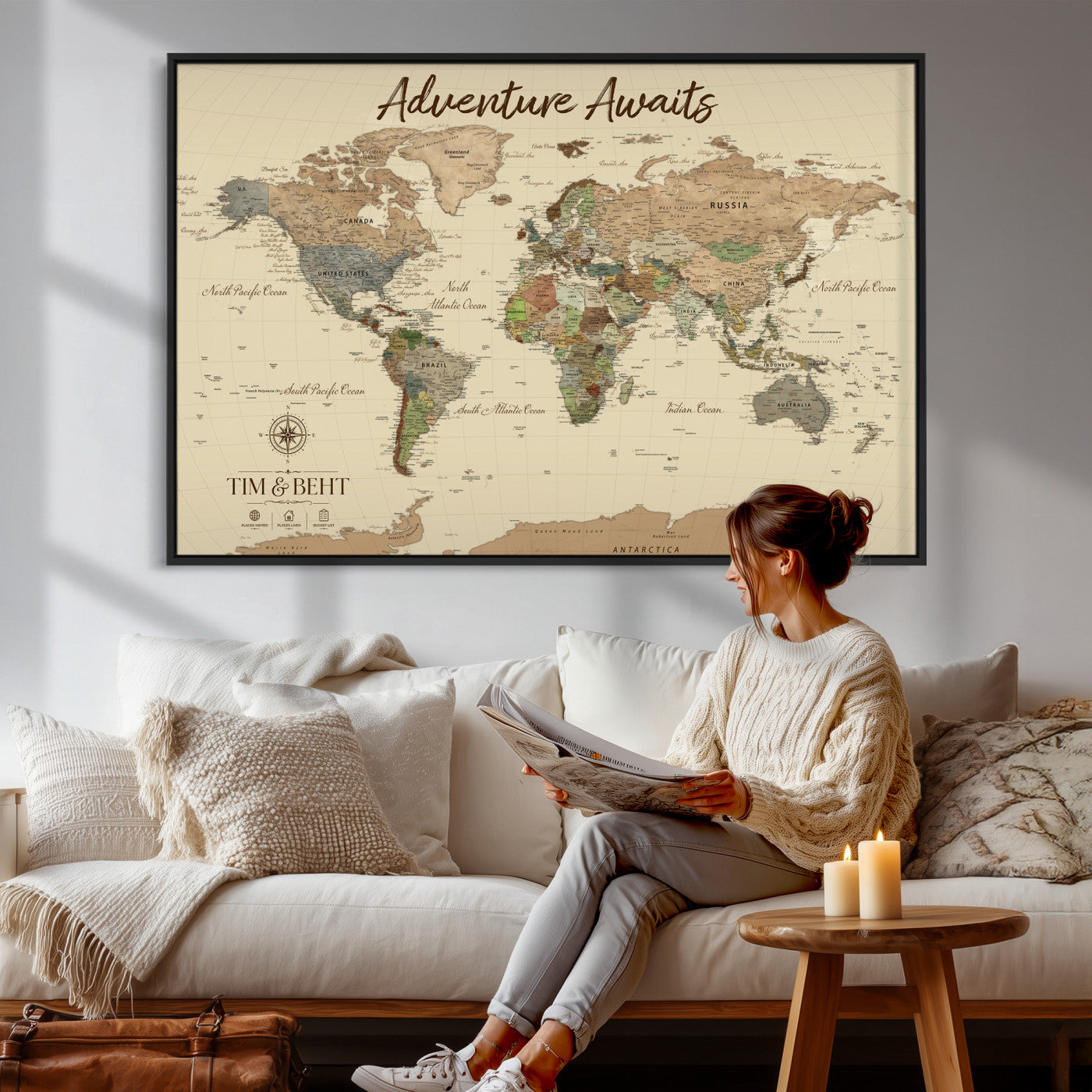 72027187-MGV-CV-36X24 - Custom Push Pin World Map Wall Art Canvas Print – Personalized Travel Tracker with Pins Framed Large for Home and Office Decor