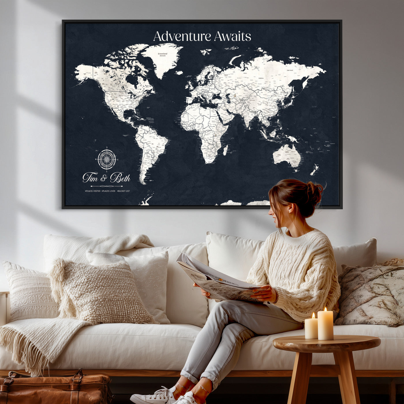 84045875-MGV-CV-36X24 - Custom Push Pin World Map Wall Art Canvas Print – Personalized Travel Tracker with Pins Framed Large for Home and Office Decor