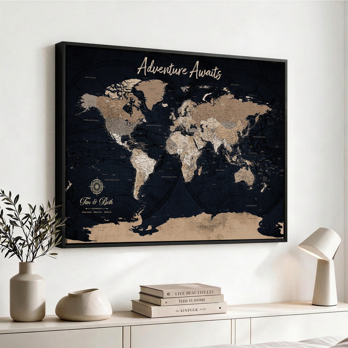 66938317-MGV-CV-36X24 - Custom Push Pin World Map Wall Art Canvas Print | Personalized Travel Tracker with Pins Framed Large for Home and Office Decor