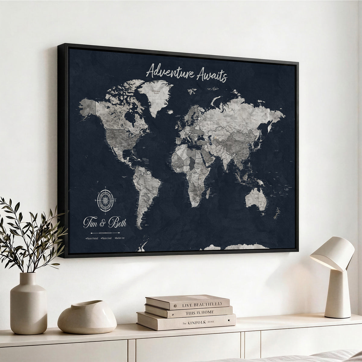 32031089-MGV-CV-36X24 - Custom Push Pin World Map Wall Art Canvas Print | Personalized Travel Tracker with Pins Framed Large for Home and Office Decor