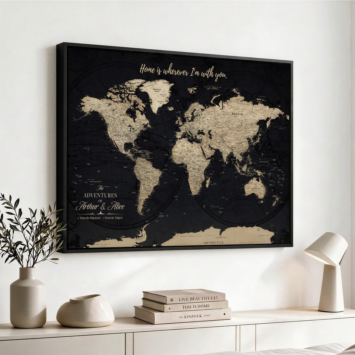 31416046-MGV-CV-36X24 - Custom Framed Beige Vintage Push Pin Travel Map Canvas Print, Honeymoon and Anniversary Gift, Study and Hallway Decor