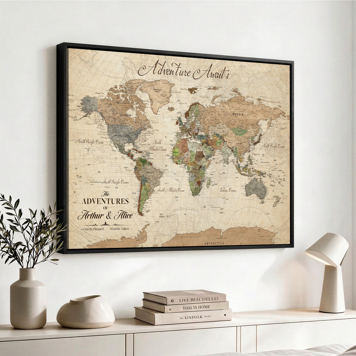 18308111-MGV-CV-36X24 - Custom Push Pin World Map Wall Art Canvas Print | Personalized Travel Tracker with Pins Framed Large for Home and Office Decor
