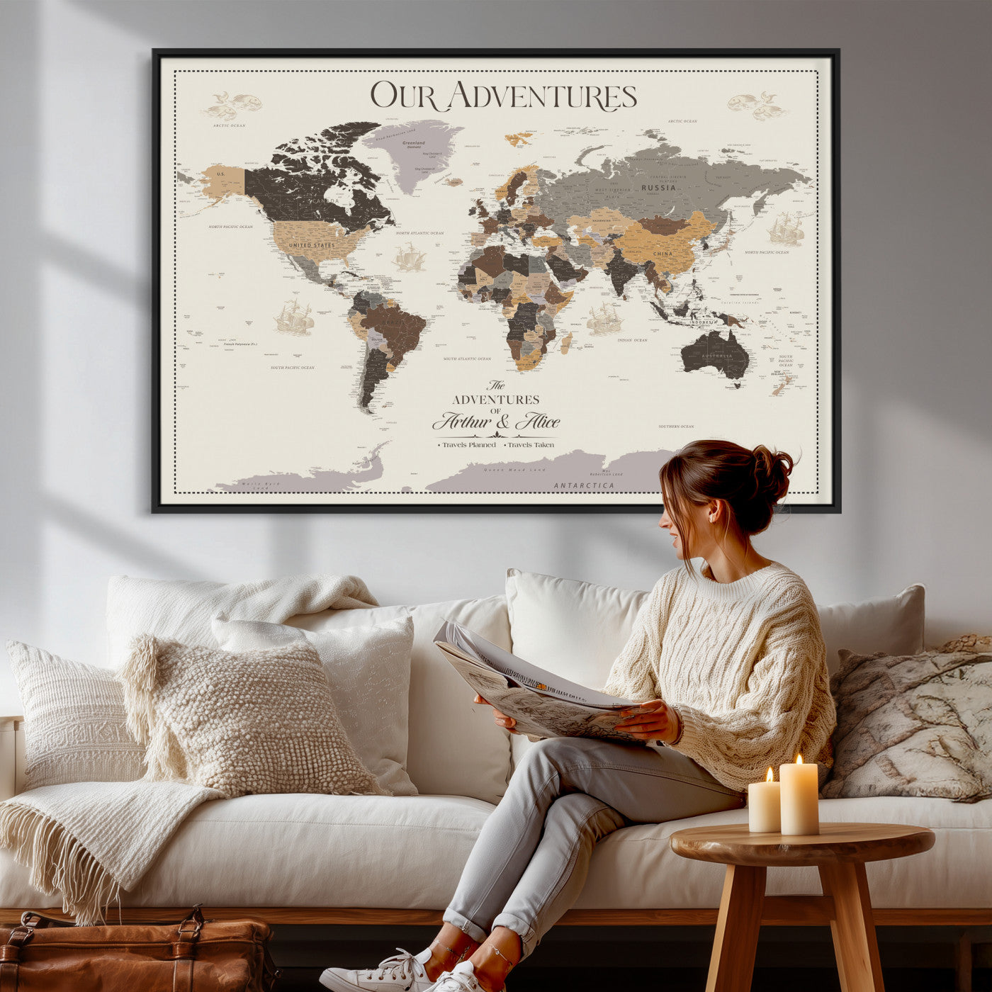 66301646-MGV-CV-36X24 - Custom Push Pin World Map Wall Art Canvas Print – Personalized Travel Tracker with Pins Framed Large for Home and Office Decor