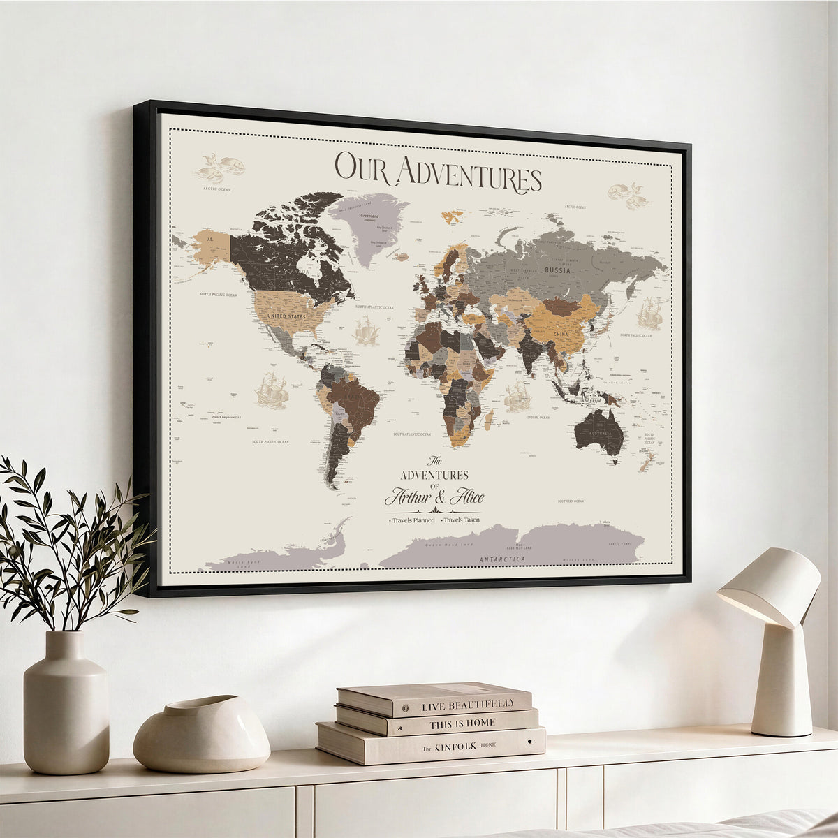 66301646-MGV-CV-36X24 - Custom Push Pin World Map Wall Art Canvas Print | Personalized Travel Tracker with Pins Framed Large for Home and Office Decor