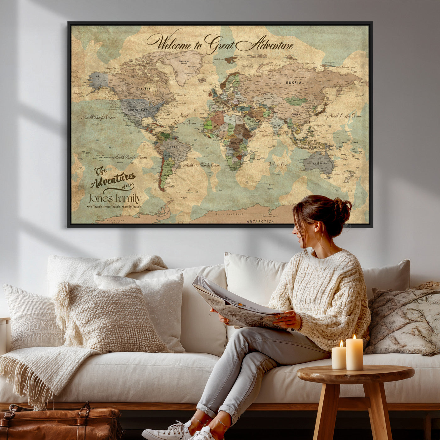 38092909-MGV-CV-36X24 - Custom Push Pin World Map Wall Art Canvas Print – Personalized Travel Tracker with Pins Framed Large for Home and Office Decor