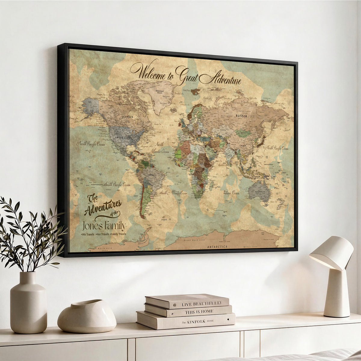 38092909-MGV-CV-36X24 - Personalized Framed Navy Vintage Push Pin World Map Wall Art, Places Visited Tracker, Bedroom and Hallway Decor