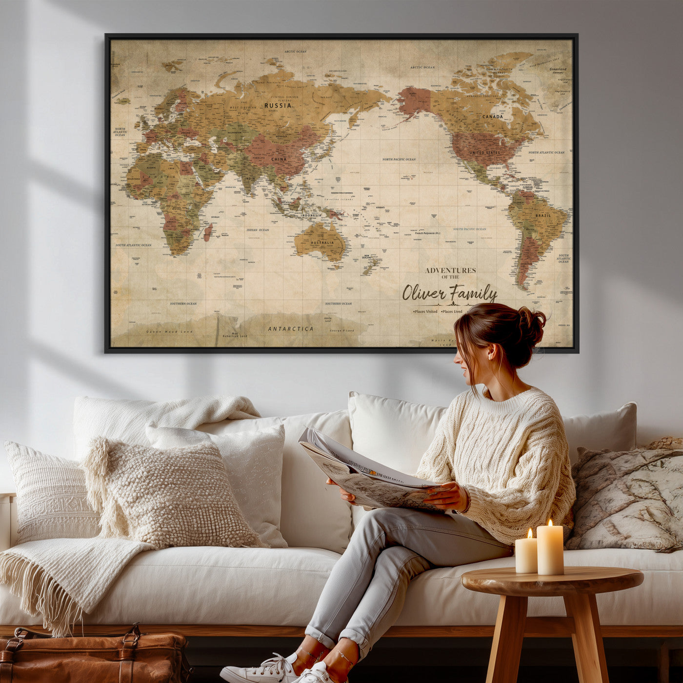 19347393-MGV-CV-36X24 - Custom Push Pin World Map Wall Art Canvas Print – Personalized Travel Tracker with Pins Framed Large for Home and Office Decor