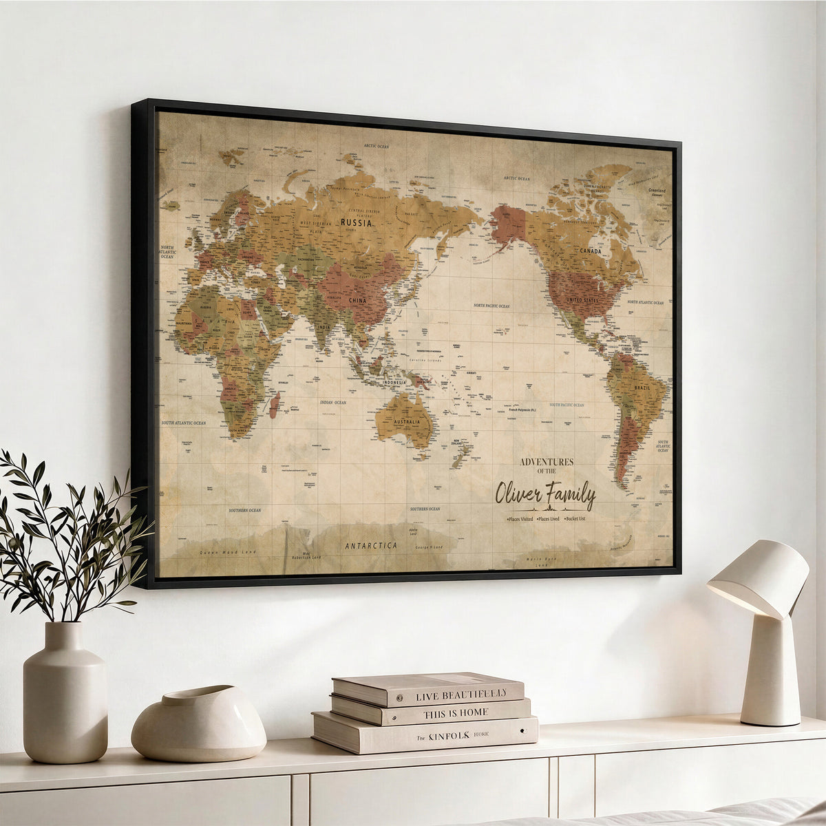 19347393-MGV-CV-36X24 - Personalized Framed Navy Modern World Map Canvas with Push Pins, Bucket List Map, Living Room and Entryway Decor