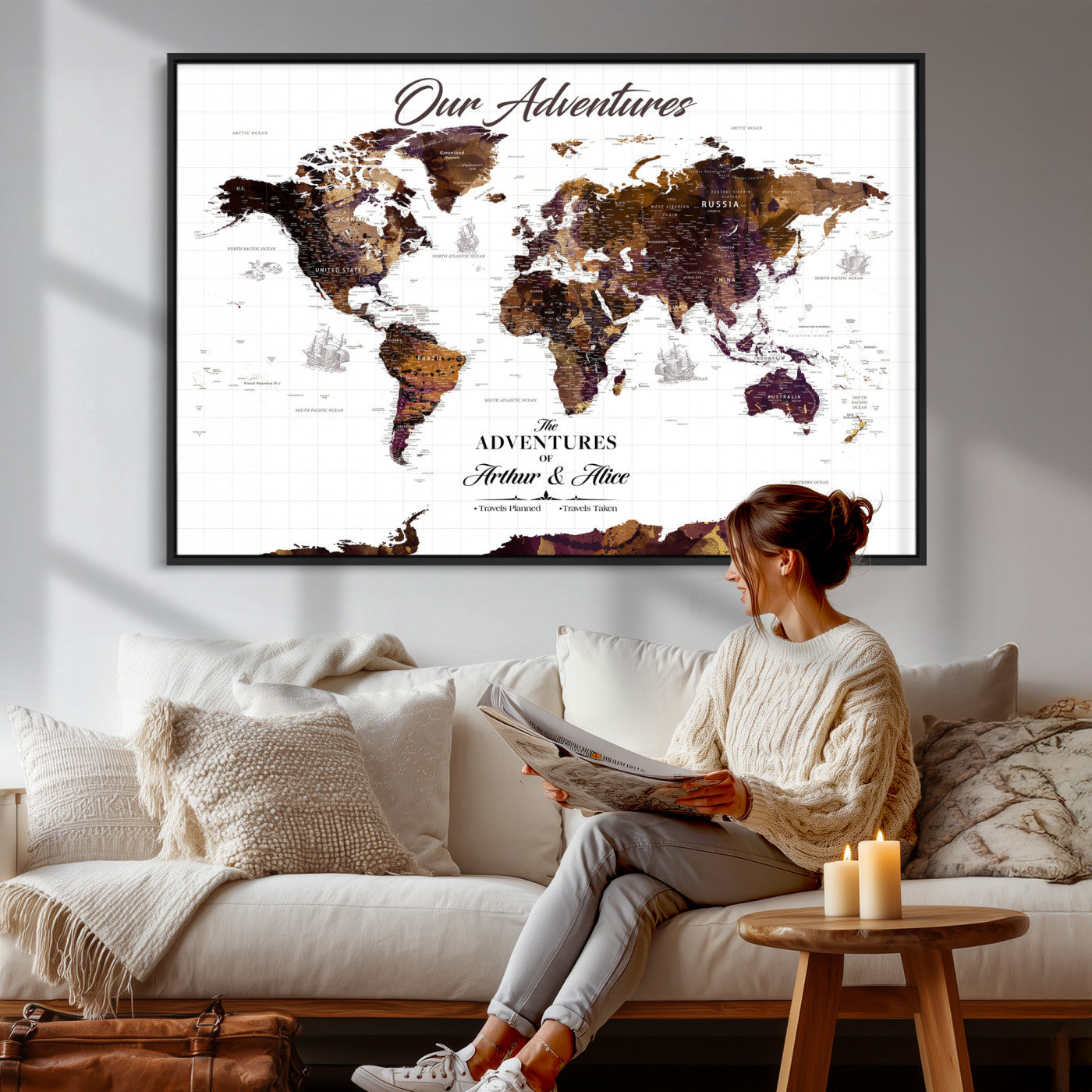 95729279-MGV-CV-36X24 - Custom Push Pin World Map Wall Art Canvas Print – Personalized Travel Tracker with Pins Framed Large for Home and Office Decor
